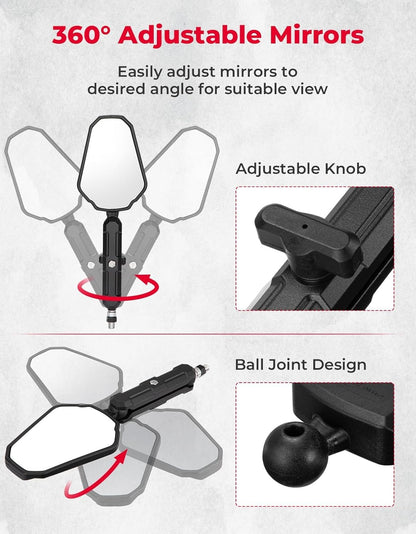Adventure Bike Mirrors – ABS Body, Anti-Vibration Aluminum RAM Mount, 2-Section Adjustable Angle for Wider Rear View, Universal Adventure Motorcycle Rear-View Mirrors, Black