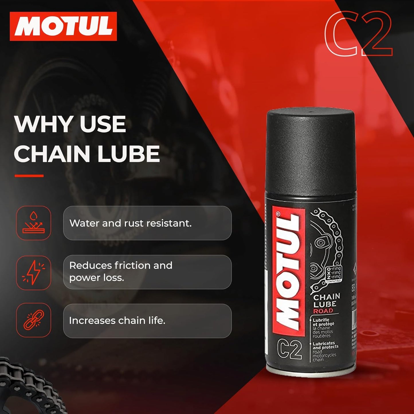 Motul C2 Motorcycle Chain Lube | Advanced Lubrication Spray for Bike Chains | Protects Against Wear & Corrosion, Improves Chain Life | Suitable for All Bikes