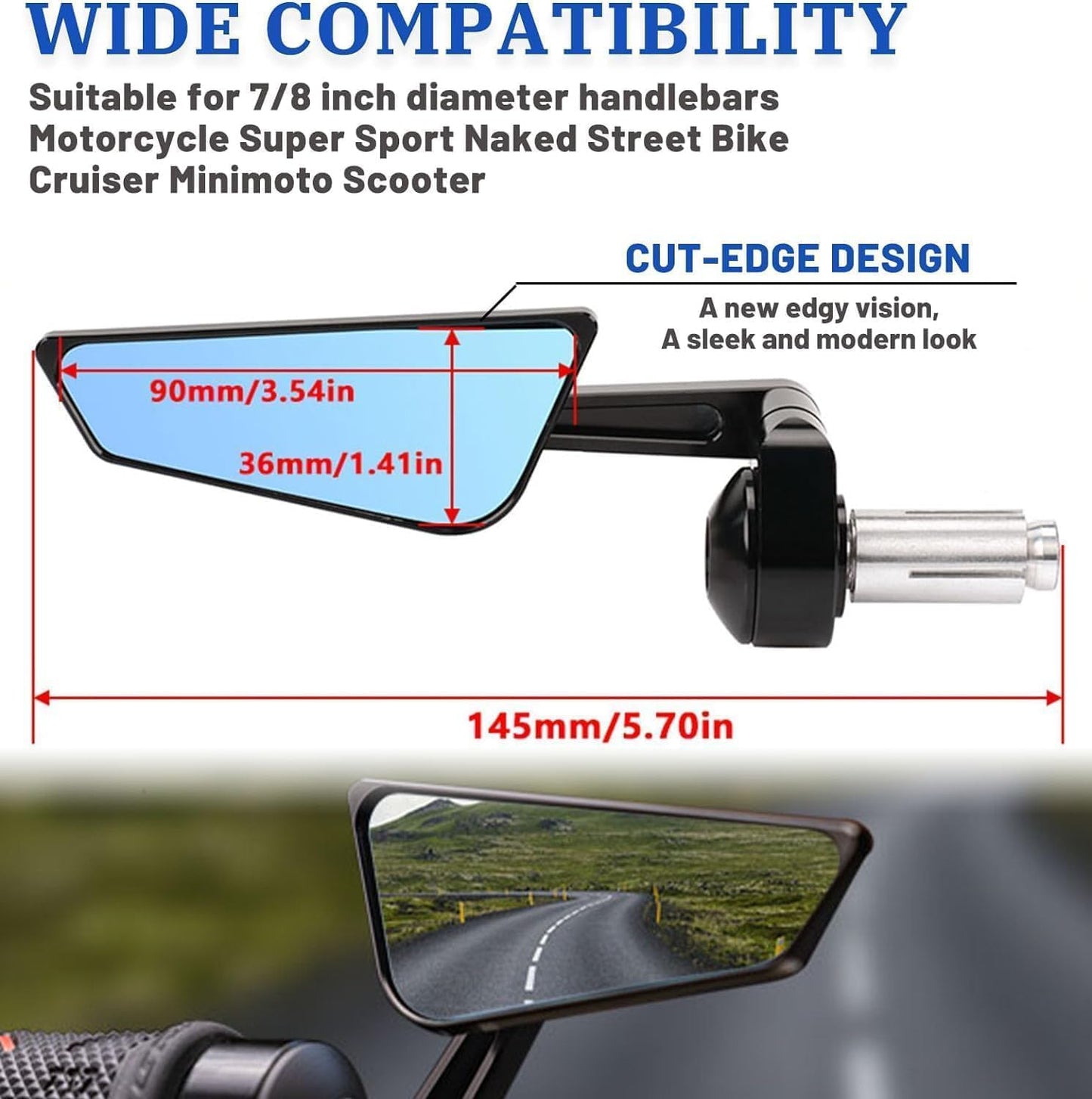 Motorcycle Bar End Mirrors 7/8" 22mm Handlebar Mirror CNC Aluminum for YZF R1 R6 390 790 Duke Ninja 650 Z900 Z650 1290 Super Duke R V4 1100 Cut Edge Rear View Mirror, BLACK
