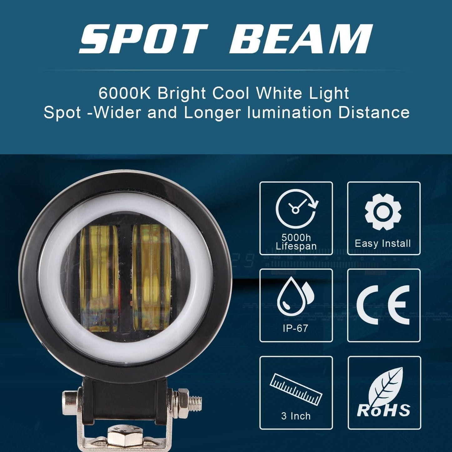 3inch LED Motorcycle Driving Lights 40W 6000K Auxiliary Spotlights with DRL/Angel Eye Off Road Light Pod 6000lm LED Fog Work Light for Motorcycle Truck SUV UTV ATV Tractor, 2Pcs, Black