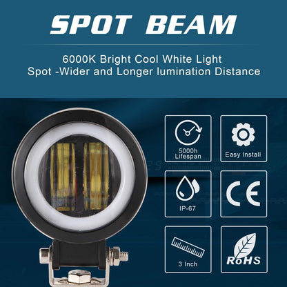 HJG 3inch LED Motorcycle Driving Lights 40W 6000K Auxiliary Spotlights with DRL/Angel Eye Off Road Light Pod 6000lm LED Fog Work Light for Motorcycle Truck SUV UTV ATV Tractor, 2Pcs, Black