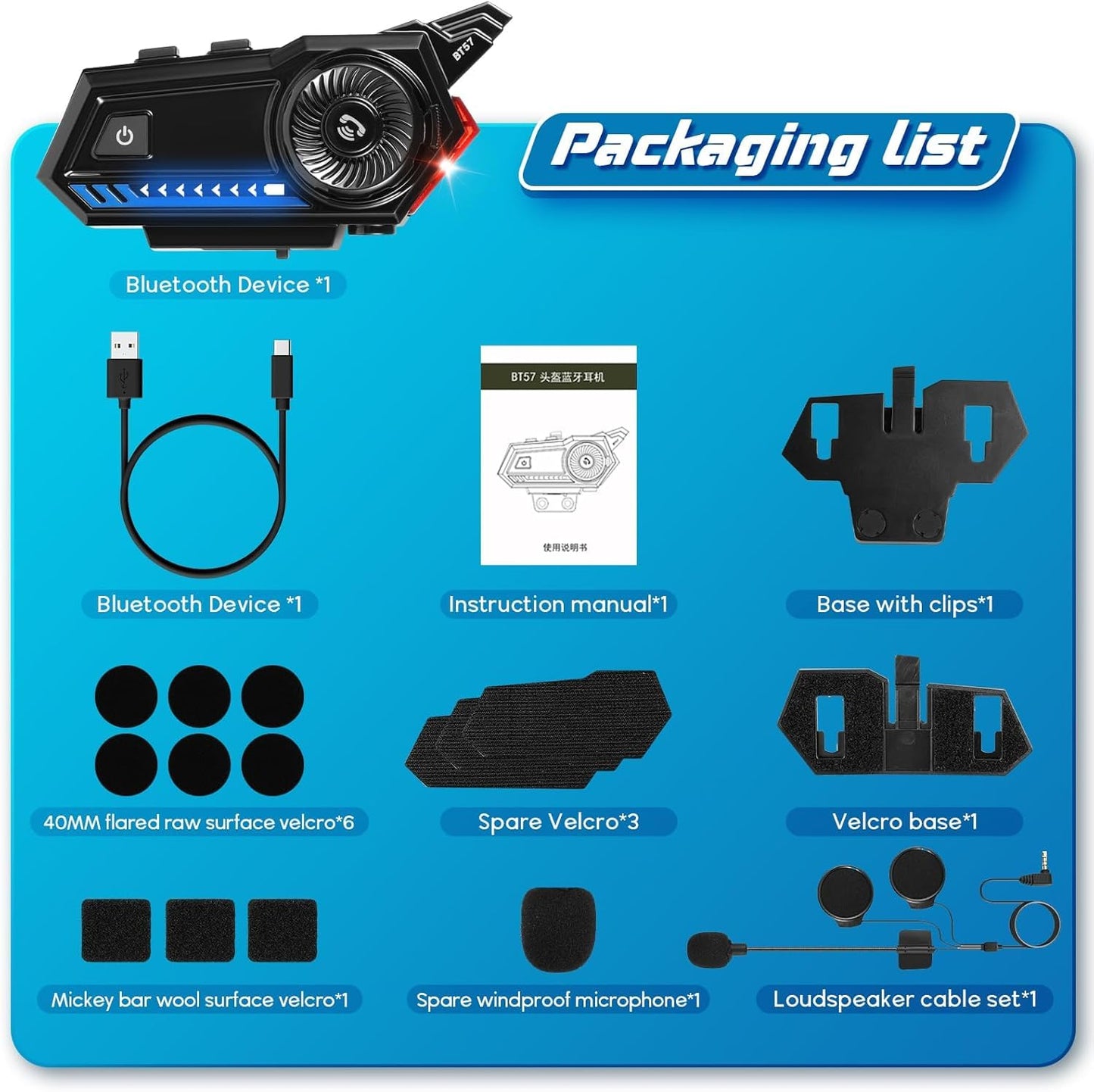 Motorcycle Helmet Bluetooth, Bluetooth 5.3 EDR Wireless Motorcycle Headset Automatic Answer Motorcycle Headset High Sound Quality Headphone(with Tail Light, Three Flashing Modes)