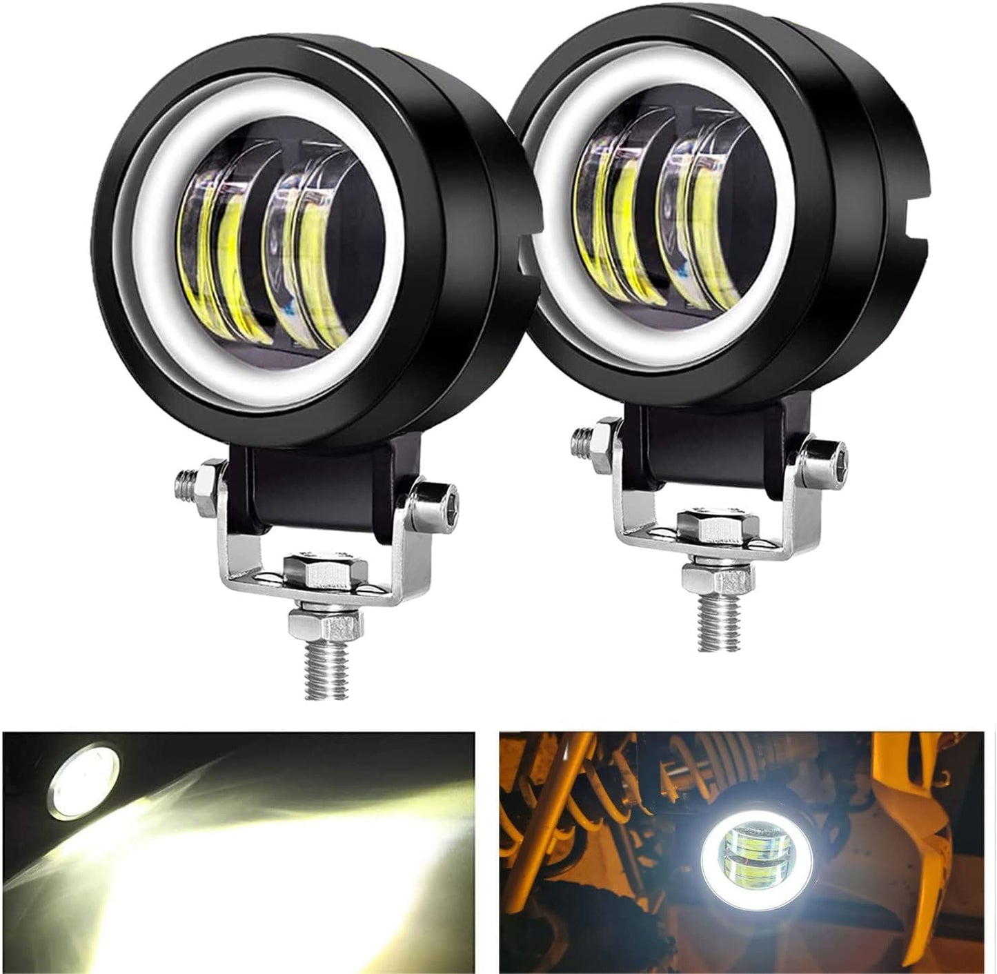 3inch LED Motorcycle Driving Lights 40W 6000K Auxiliary Spotlights with DRL/Angel Eye Off Road Light Pod 6000lm LED Fog Work Light for Motorcycle Truck SUV UTV ATV Tractor, 2Pcs, Black
