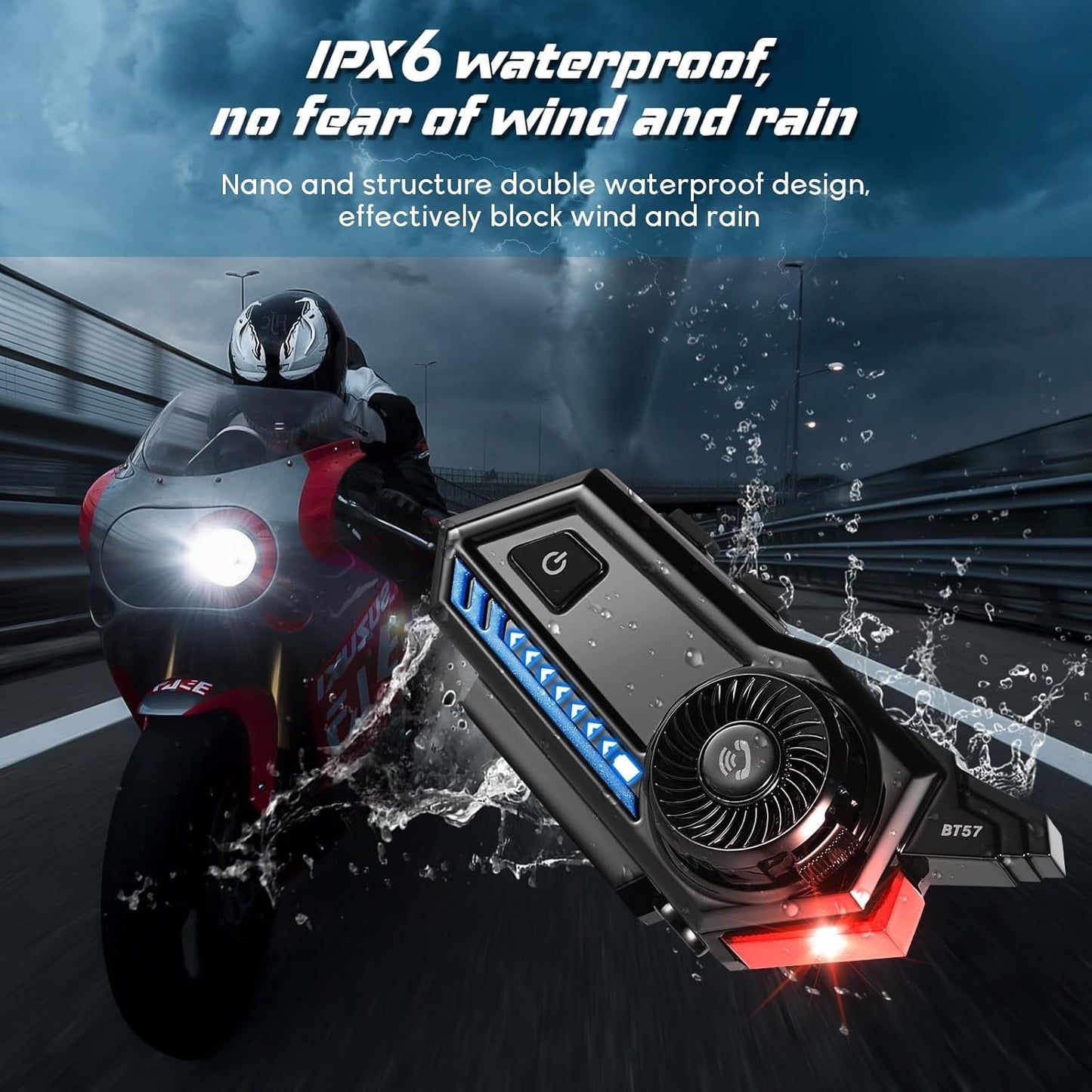 Motorcycle Helmet Bluetooth, Bluetooth 5.3 EDR Wireless Motorcycle Headset Automatic Answer Motorcycle Headset High Sound Quality Headphone(with Tail Light, Three Flashing Modes)
