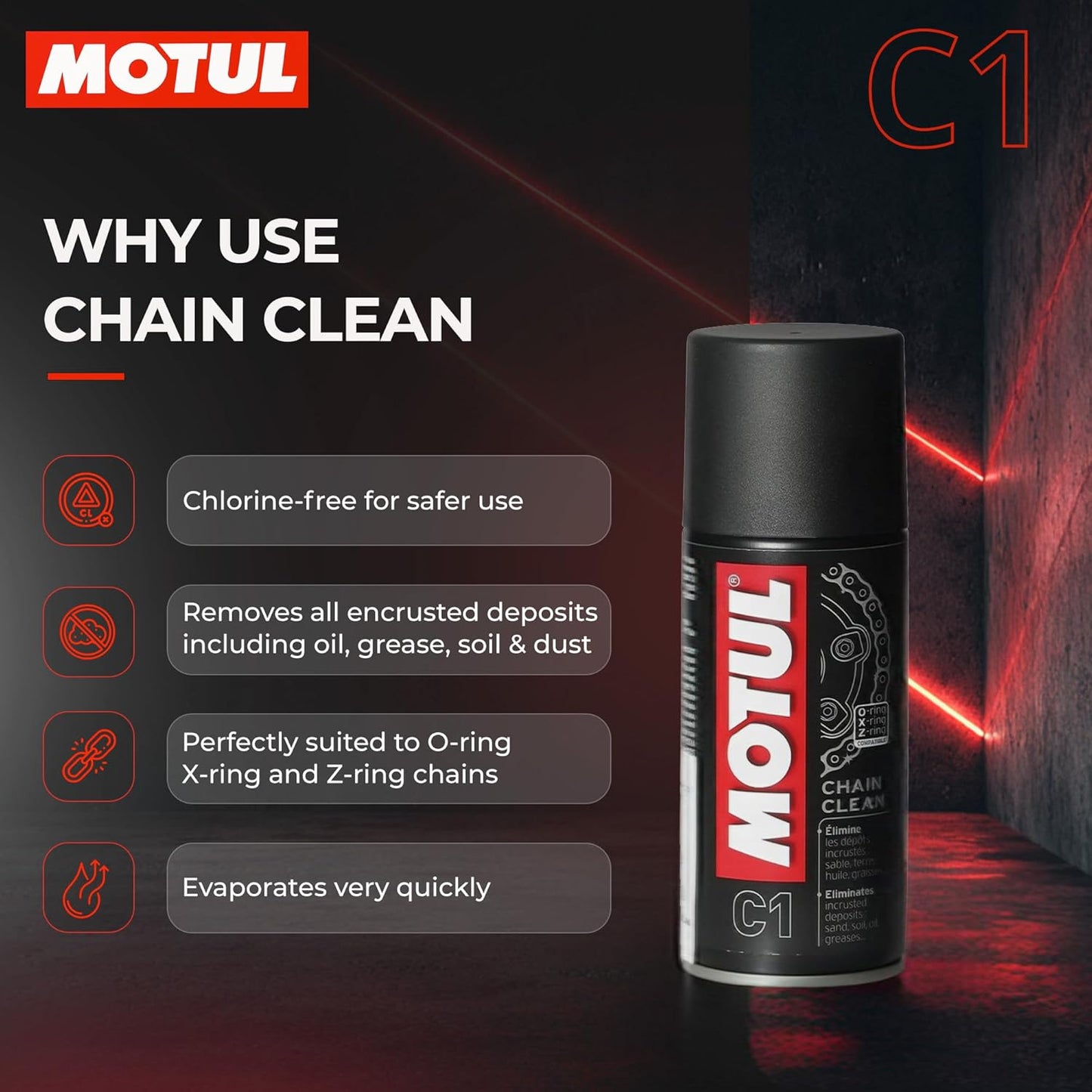Motul Chain Lube & Chain Cleaner Combo for Bikes – C2 Lubrication + C1 Deep Cleaning Spray for Superior Chain Care, Suitable for All Motorcycles, 150 ml Each