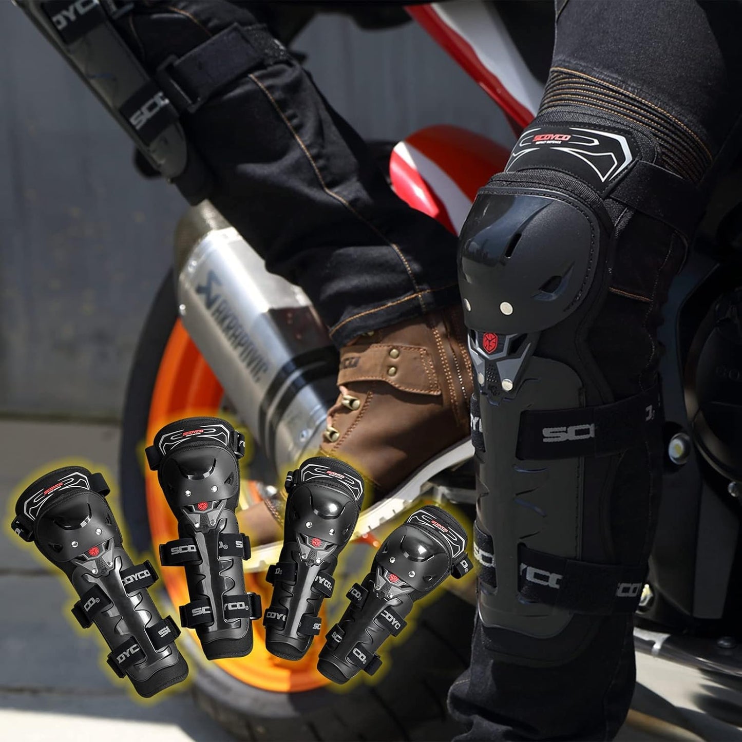 Motorcycle Knee & Elbow Guards,with PP Shell Protection, Shin Safe Protector for Outdoor Cycling Racing Sports (4 in 1)