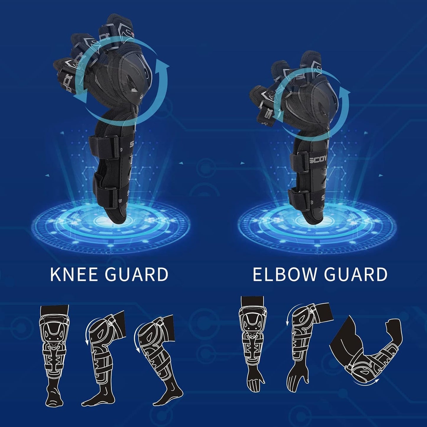 Motorcycle Knee & Elbow Guards,with PP Shell Protection, Shin Safe Protector for Outdoor Cycling Racing Sports (4 in 1)