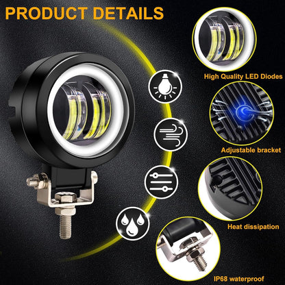 HJG 3inch Motorcycle LED Headlight Fog Light Motorcycle Driving Lights 20W Headlights Round Led Light Round LED Angel Eye Light Waterproof Fog Flood Light for Motorcycle Truck SUV UTV ATV etc, Red