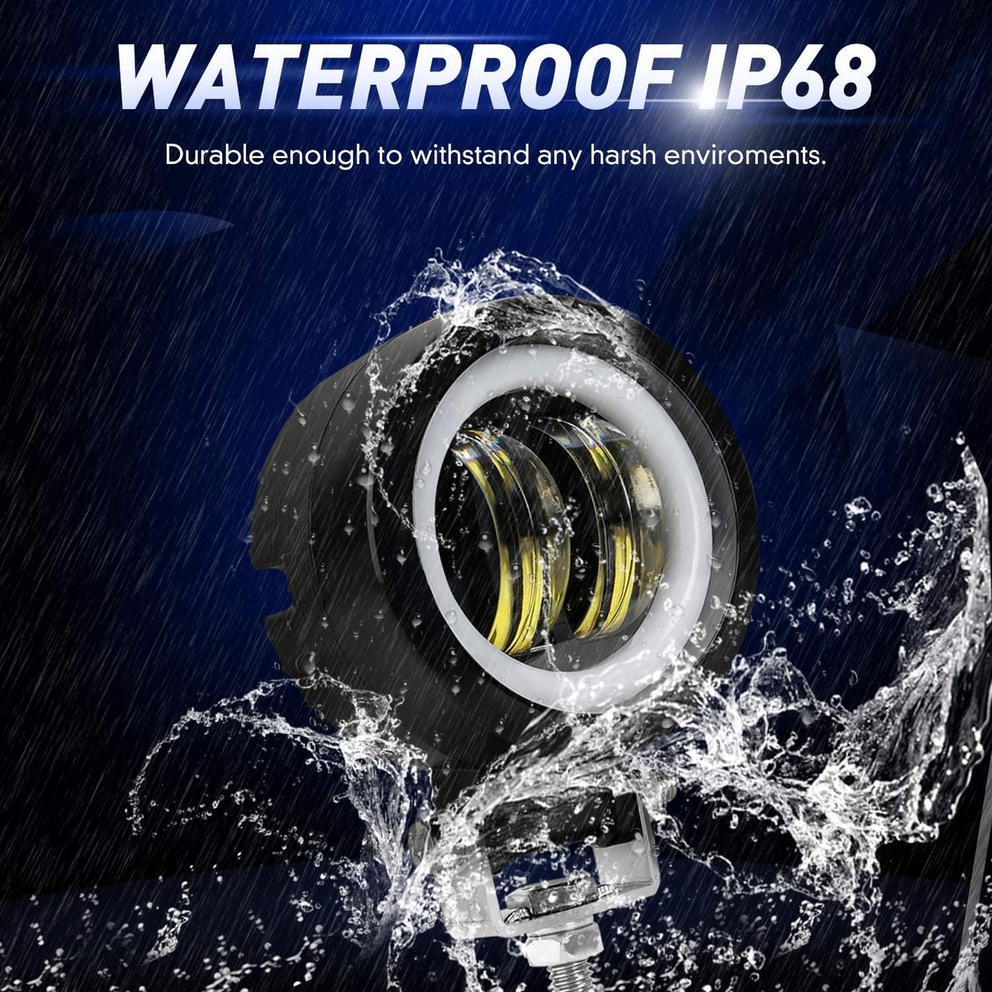 Motorcycle Headlight LED Fog Light 3 inch Round Blue Angel Eye DRL White Light 10-80V DC 8000LM Waterproof Off-road Vehicle Marine Work Light (2 PCS)