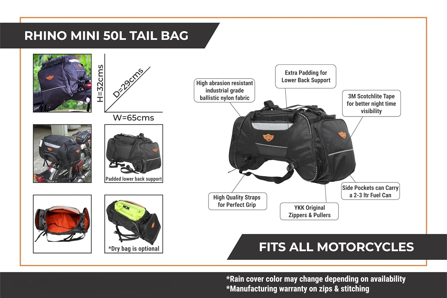 GUB GUARDIANGEARS Rhino Mini 50L Tail Bag with Rain Cover fits on All Motorcycles from 100CC to 1000CC, Polyester