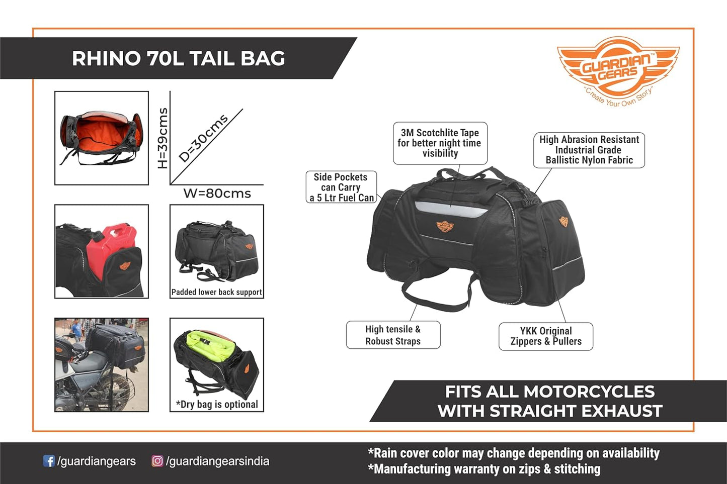 GUB GUARDIANGEARS Rhino 70L Tail Polyester Bag with Rain Cover for All Motorcycles from 100CC to 1000CC