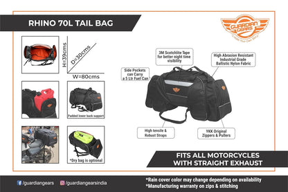 GUARDIANGEARS Rhino 70L Tail Polyester Bag with Rain Cover for All Motorcycles from 100CC to 1000CC