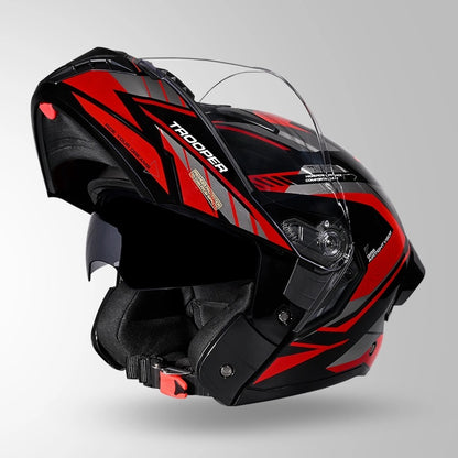 STUDDS Trooper D4 Race Decor ISI AND DOT Certified Glossy Finish Filp - Up Full Face Helmet for Men and Women with Sun Visor