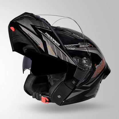 STUDDS Trooper D4 Race Decor ISI AND DOT Certified Glossy Finish Filp - Up Full Face Helmet for Men and Women with Sun Visor